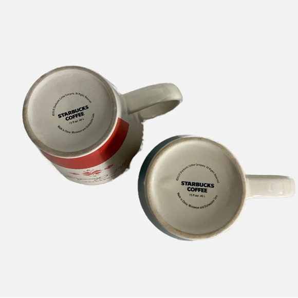 Starbucks Coffee Hot Chocolate Mugs Set of Two Red Turquoise 2010 15 fl. Oz. - Picture 5 of 10